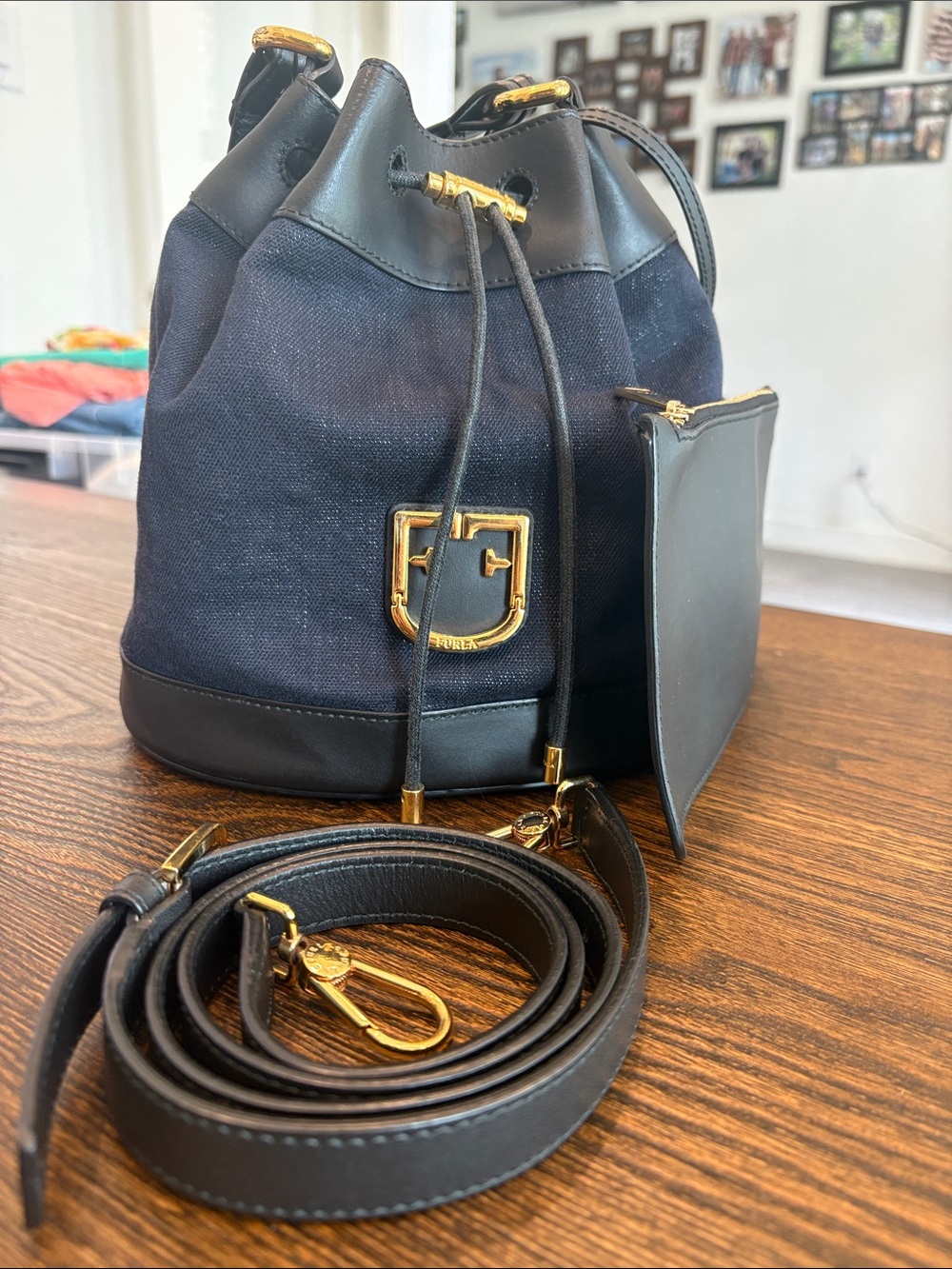 FURLA Corona S Denim and Leather Bucket Bag - Navy/Black EUC - Picture 3 of 11